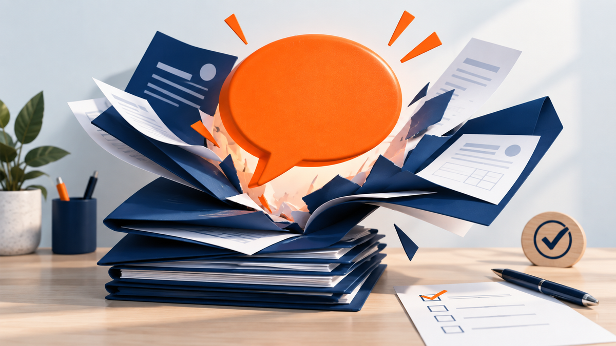ISO 9001:2026 transition feature image showing conversation breaking through documentation and quality records
