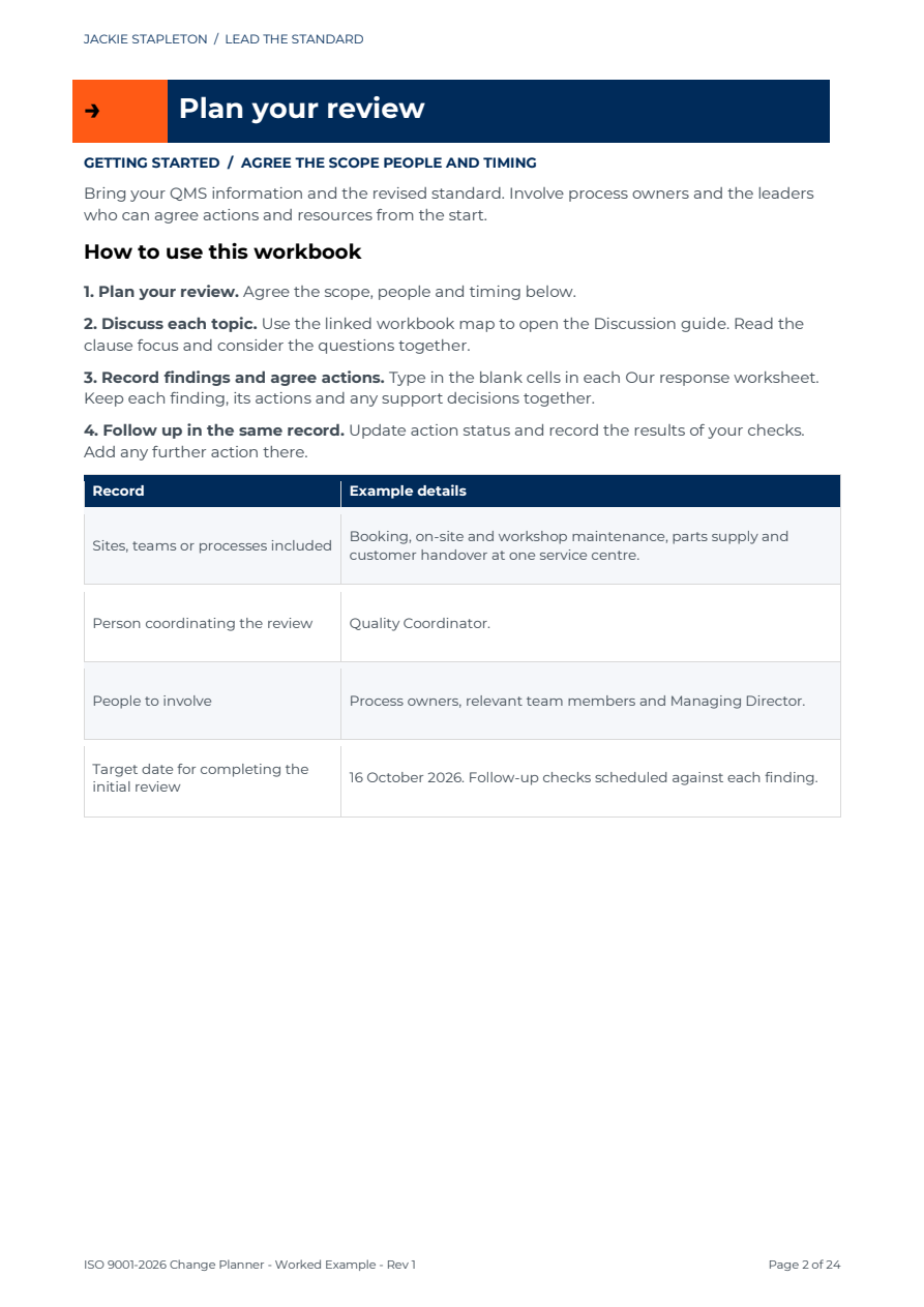 Worked-example preview page showing how to use the ISO 9001:2026 Change Planner, including review steps and planning records.