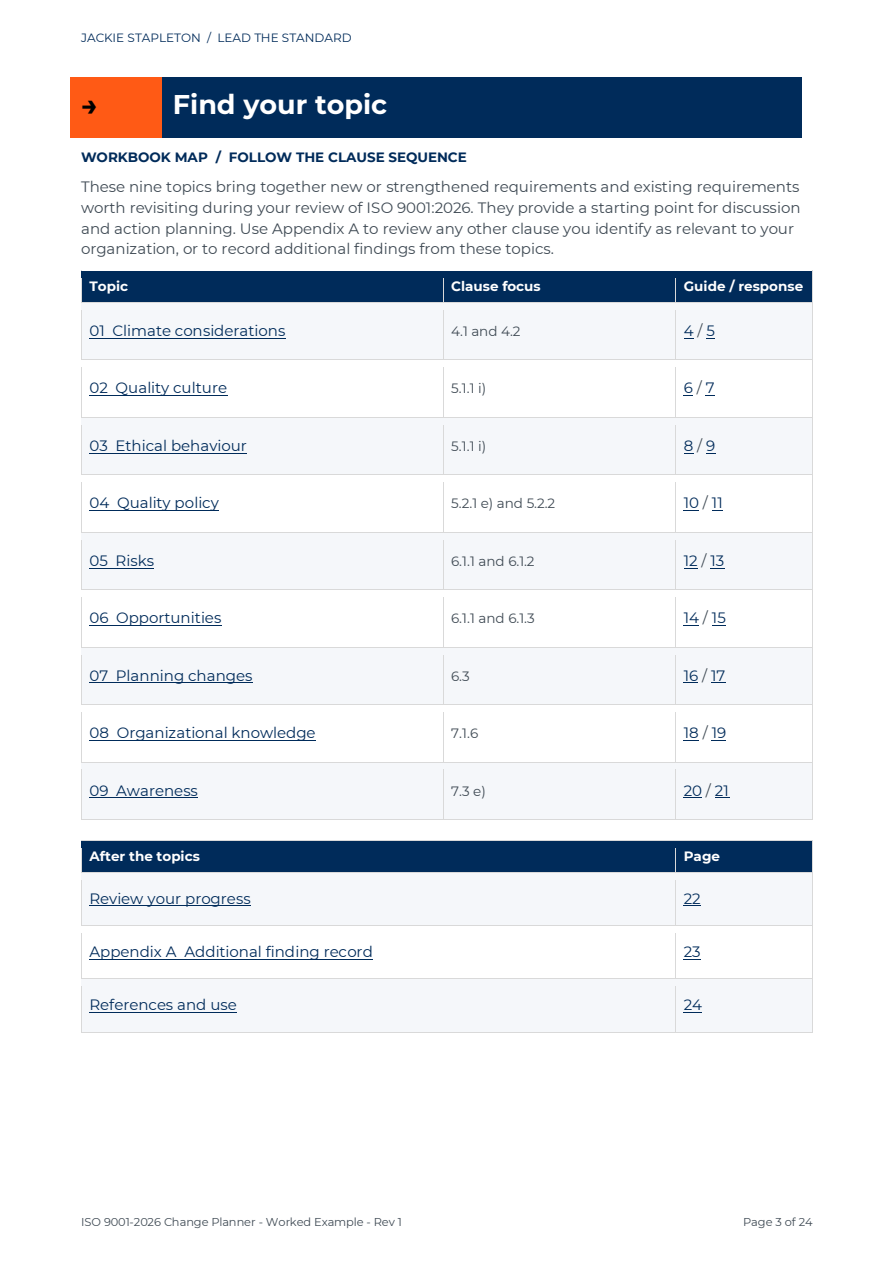 Worked-example preview page showing the ISO 9001:2026 Change Planner topic map and the range of transition topics covered.